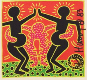 Keith Haring, Abbraccio e Maternità, card originale con firma a pennarello nero. Disponibile alla Galleria Deodato Arte.