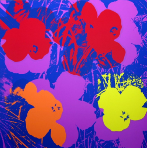 Flowers - Red/Orange/Yellow On Purple 11.66, serigrafia a colori edita da Sunday B Morning. Disponibile alla Galleria Deodato Arte.